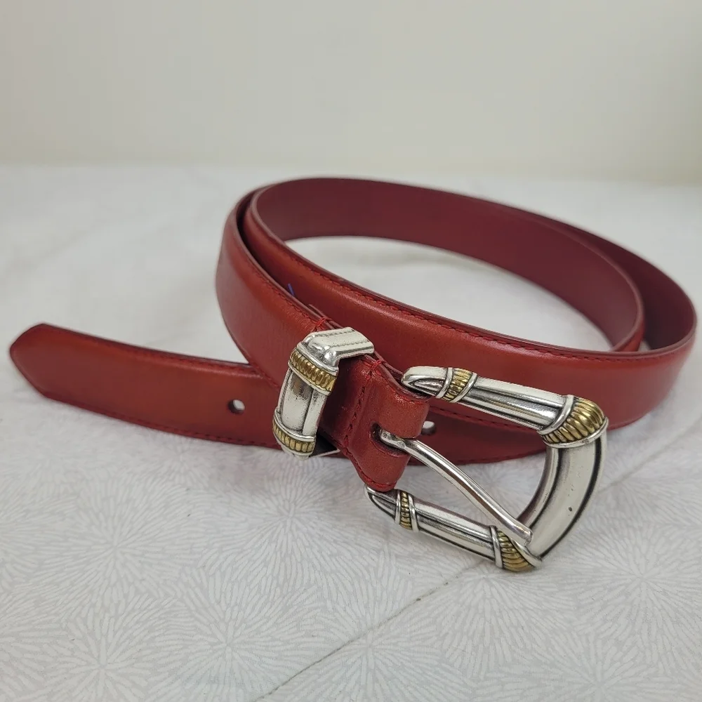 Fossil Thin Red Leather Belt with mixed metal buckle silver and gold colorful L
